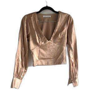 Abercrombie & Fitch Top XS Beige Satin Crop V Neck Puff Long Sleeve Smocked